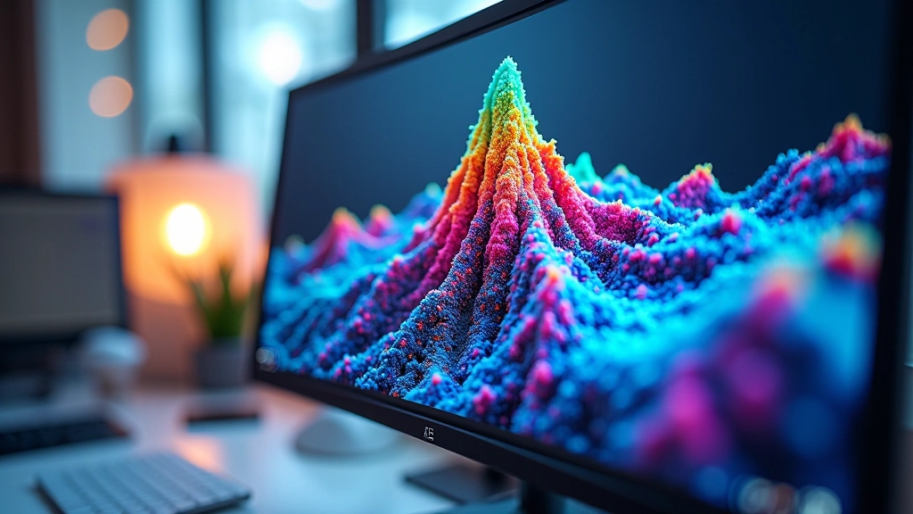 Computer screen displaying 3D terrain generated with procedural algorithms and colorful noise patterns