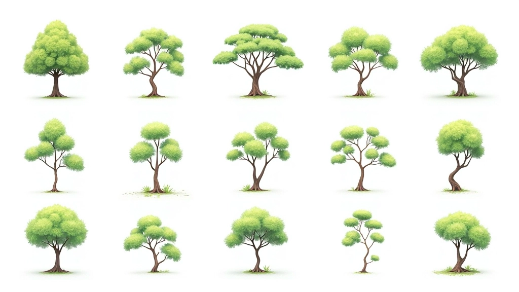 Varied tree silhouettes and plant structures displayed in a grid layout, each one uniquely generated by algorithm