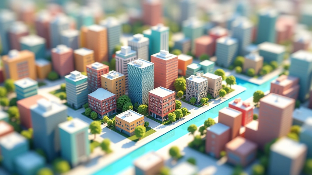Isometric view of a digital city layout generated by algorithm, showing buildings, roads, and parks in systematic arrangement